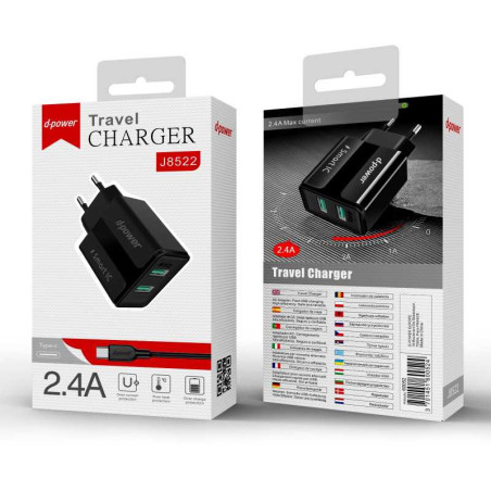 Kit Chargeur de Voyage 2USB / Type-C - D-power J8522 - Noir